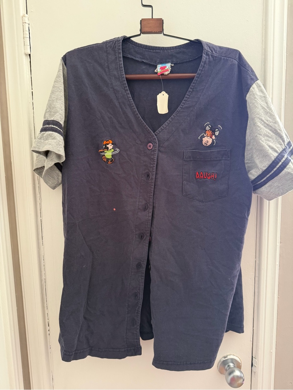 Peanuts Merch • Womens Navy Baseball-Style Shirt with Grey Sleeve Accents